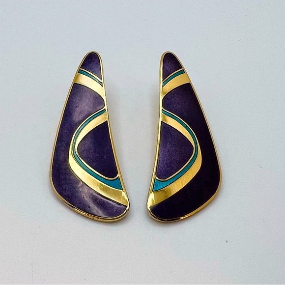 Vintage Samuel Huang Cloisonné Enamel Purple & Gold Earrings - Picture 7 of 7